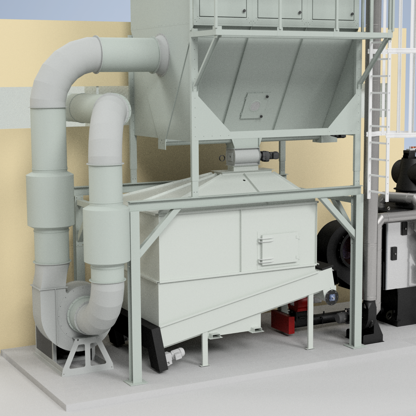Dust extraction filter mounted above a biomass silo with rotary valve connection.