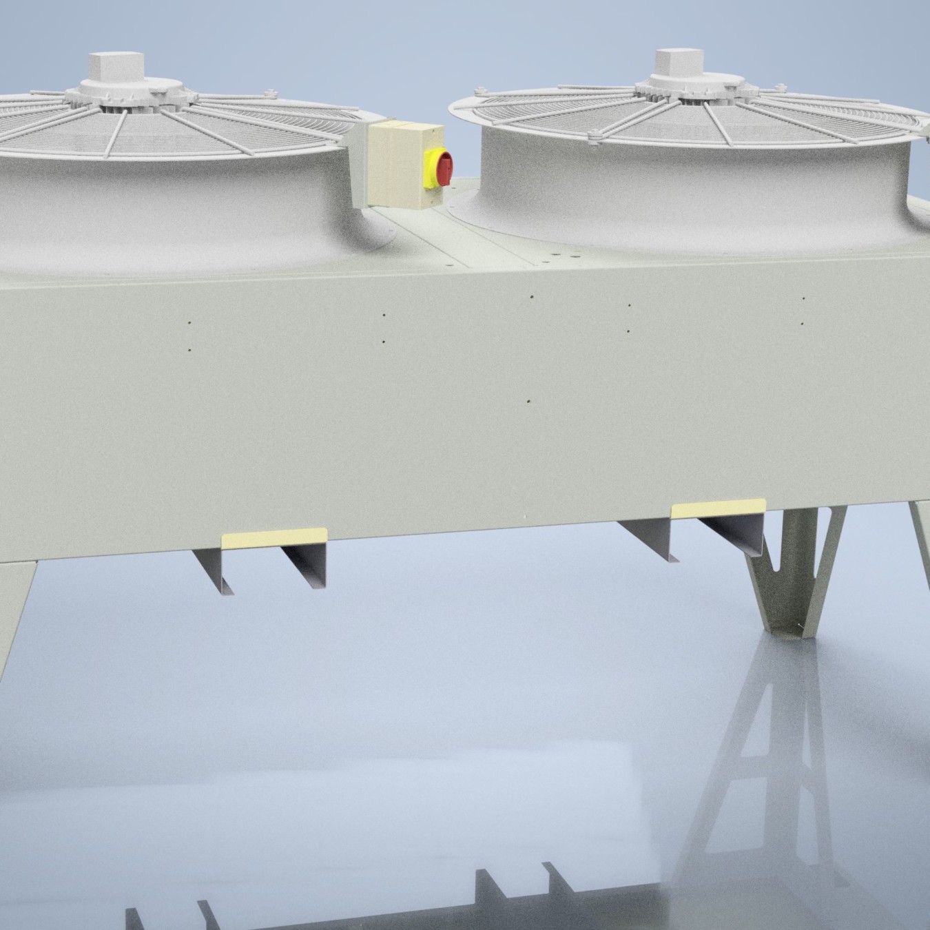 Render of Ranheat 300kW biomass boiler dissipator with copper coil and twin axial fans for safe summer operation.
